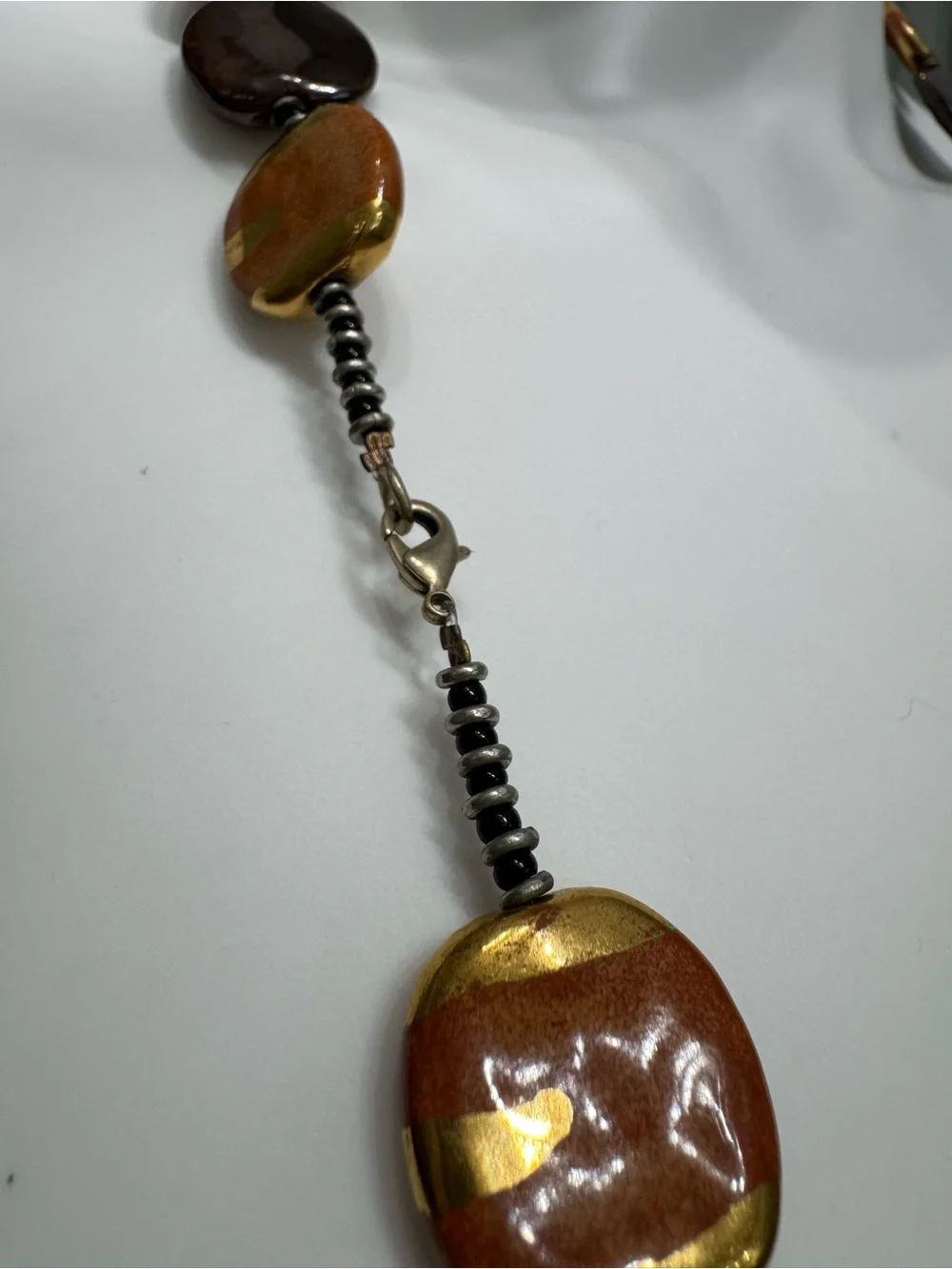 Orange Gold & Smoky Brown Beaded Statement Necklace Lobster Clasp